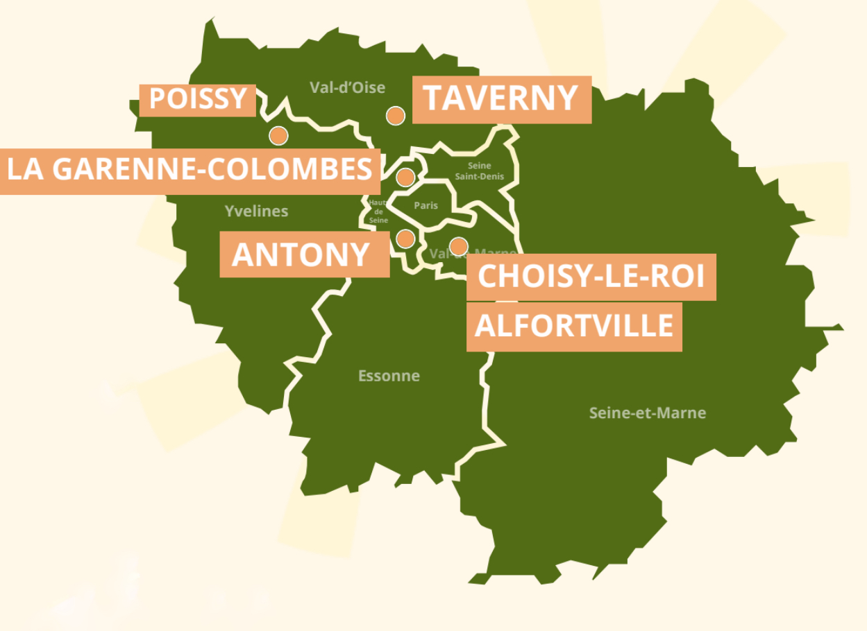 Carte de l'Île-de-France indiquant plusieurs sites APAJH : Poissy, Taverny, La Garenne-Colombes, Antony, Choisy-le-Roi, Alfortville